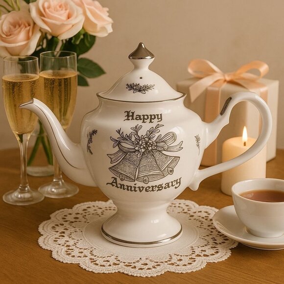 Vintage Happy Silver Anniversary Teapot 25 Years Bells Floral Collectible Gift - Picture 1 of 9